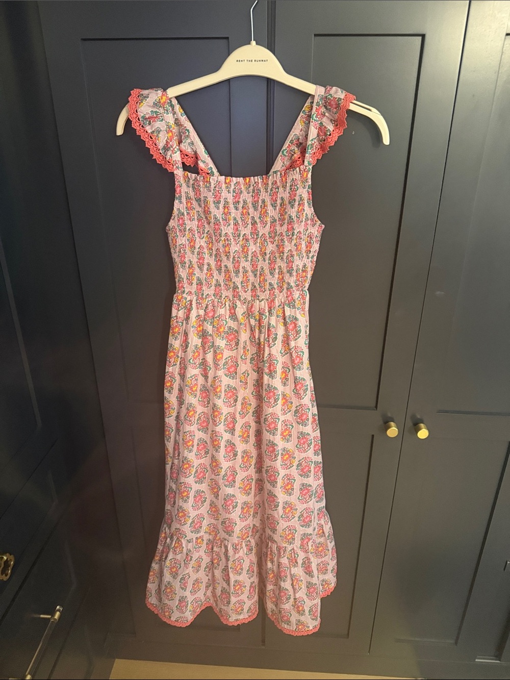Mini Boden block print Midi Dress with Ruffle Straps- kids 13/14 worn once